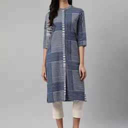 Biba Women Navy Blue & White Striped Kurta with Trousers-image-31