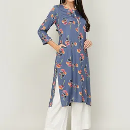 Melange by Lifestyle Women Navy Blue & Orange Floral Printed Kurta-picture-21