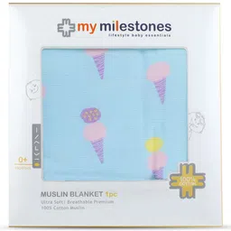 My Milestones Infants Set Of 2 Blue Ice Cream Printed Pure Cotton Muslin Blanket image 3