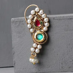 ANIKAS CREATION Gold-Plated White & Green CZ-Studded & Beaded Maharashtrian Nose Pin-picture-27