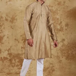 BLUESAANCHI Floral Yoke Design Beads & Stones Mandarin Collar Dupion Silk Kurta & Trousers image 3