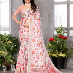 The Textile Hub Floral Printed Pure Linen Saree image 1