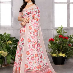 The Textile Hub Floral Printed Pure Linen Saree image 4