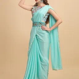 Sangria Sea Green & Red Embroidered Satin Saree image 5