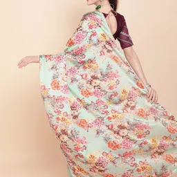 Sangria Sea Green & Pink Floral Printed Beads and Stones Satin Saree image 5