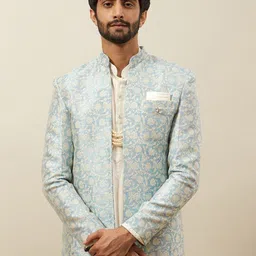 Manyavar Self Design Mandarin Collar Raw Silk Sherwani Set image 5