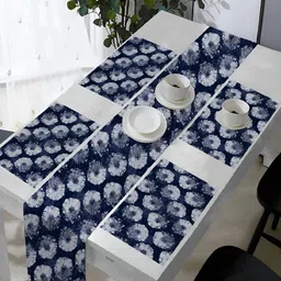OASIS Blue & White 5 Pieces Printed Cotton Table Mats with Runner-picture-40
