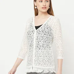 Espresso Women Off White Tasselled Lace Button Shrug image 2
