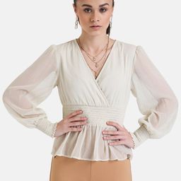 Kazo Self Designed Smocked Detailed V-Neck Bishop Sleeves Regular Top-picture-42