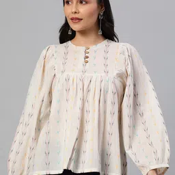 KAMI KUBI Floral Printed Round Neck Puff Sleeve Gathered or Pleated Cotton Top-image-64