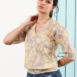 Boho By Athena Floral Print V-Neck Puffed Sleeves Cotton Top-image-4