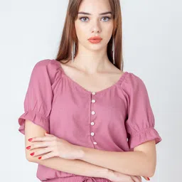 Zink London Round Neck Puff Sleeves Cotton Regular Top-image-36