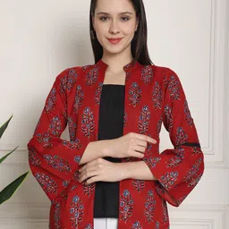 Roly Poly Floral Print Mandarin Collar Three-Quarter Bell Sleeves Cotton Top-image-0