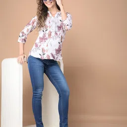 Crimsoune Club Women Floral Printed Cuffed Sleeves Mandarin Collar Cotton Top-image-30