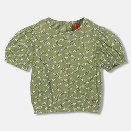 Blue Giraffe Girls Floral Printed Puffed Sleeves Pure Cotton Blouson Top-picture-35
