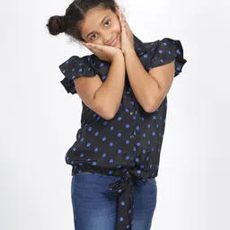 IDAA Girls Shirt Collar Polka Dot Print Crepe Blouson Top-picture-17