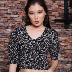 Sera Black Floral Print Puff Sleeves Crop Regular Top-picture-29