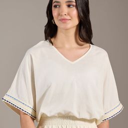 20Dresses Off White V-Neck Batwing Sleeves Blouson Top-picture-1