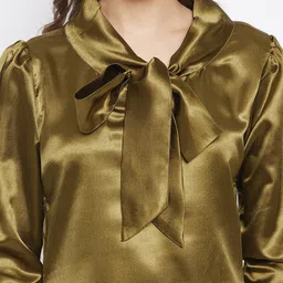 Bitterlime Olive Green Tie-Up Neck Satin Top image 2