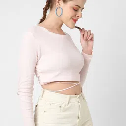 VASTRADO Round Neck Long Sleeves Tie-Up Cotton Crop Top image 3
