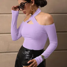 BAESD Ribbed Cold-Shoulder Halter Neck Fitted Top image 2