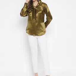 Bitterlime Olive Green Tie-Up Neck Satin Top image 5