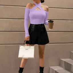 BAESD Ribbed Cold-Shoulder Halter Neck Fitted Top image 4