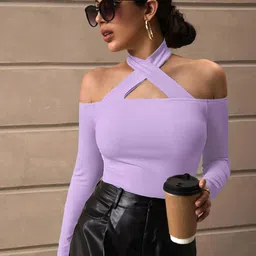 BAESD Ribbed Cold-Shoulder Halter Neck Fitted Top image 3