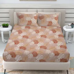 FABINALIV Brown Floral 300 TC Cotton Blend Fitted Bedsheet with 2 Pillow Covers (King)-picture-15