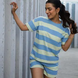 Clt.s Green Cotton Short Sleeves Striped T-Shirt and Short image 1