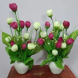 bk mart Set of 2 Table Flower Top Maroon, White Rose Artificial Flower with Pot-picture-13