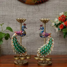 craft tree Metal Handpainted Decorative Peacock Tea Light Set of 2 Showpiece in Multicolor image 1