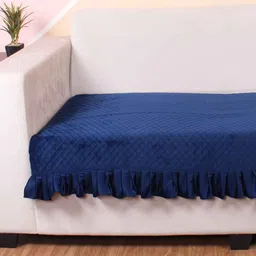 stitchnest Blue Solid Velvet 2 Seater Quilted Sofa Cover (Protector) with Frill image 2