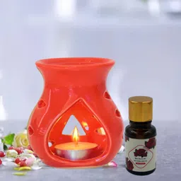 home delight Medium Ceramic Red Diffuser With 10ml Rose Fragrance And One Tea Lights Candles Diffuser Set, Aroma Oil image 3