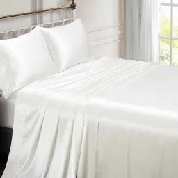 coolbeds Ivory Solid 400 TC Satin King Fitted Bedsheet with 2 Satin Pillow covers image 2