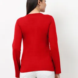 wafaa Women Solid Round Neck Pure Cotton Red T-Shirt image 2