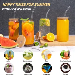 kelvee Beer Can Shaped Glass Cups with Bamboo Lids and Straws Glass Beer Mug image 3