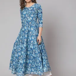 GLAM ROOTS Ethnic Motifs Printed Round Neck Cotton Anarkali Kurta-picture-19