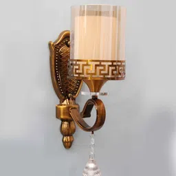 shree kala home decor Antique Brass Wall Sconce with Clear Glass With Crystal Pendant image 2