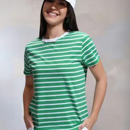 tokyo talkies Women Striped Round Neck Cotton Blend Multicolor T-Shirt-picture-10