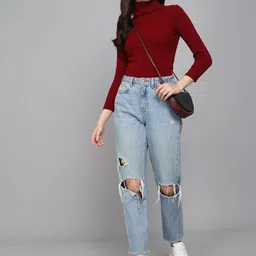 gulika Women Solid High Neck Maroon Sweater image 3