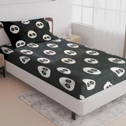 labham Black Cartoon Kids 140 TC Cotton Kids Single Bedsheet with 1 Pillow Cover image 1