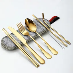 bonzeal Stainless Steel Portable Travel Flatware Gold Cutlery Set with Zipper Pouch Stainless Steel Cutlery Set-picture-10