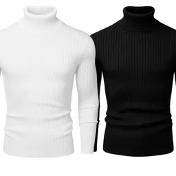 copehi Pack of 2 Men Self Design, Solid Turtle Neck Cotton Blend White, Black T-Shirt-picture-14