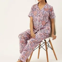 brownera Women Night Suit Set Purple Printed-picture-14