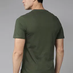 roadster Men Solid V Neck Pure Cotton Dark Green T-Shirt image 5