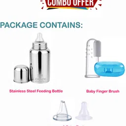 prithi home's and kitchen Stainless Steel Feeding Bottle & Finger Brush with 2 extra teat - 250 ml image 2
