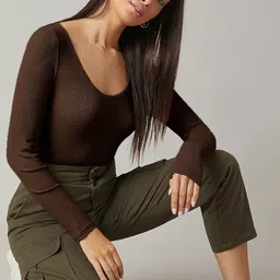 trendy era Casual Regular Sleeves Solid Women Brown Top image 5