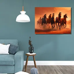 RANGOLI Orange & Brown Seven Running Horses Vastu Canvas Painting Wall Art-picture-25