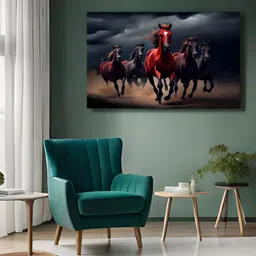 RANGOLI Blue & Red Canvas Seven Running Horses Painting Wall Art image 3